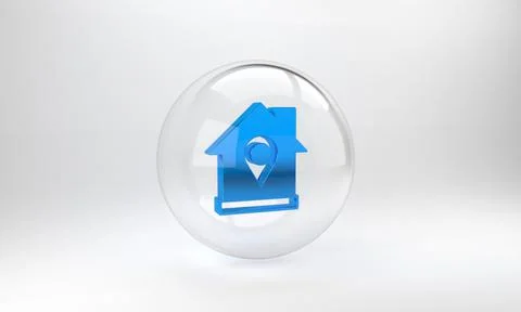 Blue Map pointer with house icon isolated on grey background. Home location m 스톡 일러스트