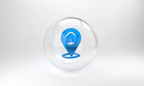 Blue Map pointer with house icon isolated on grey background. Home location m Stock Illustration