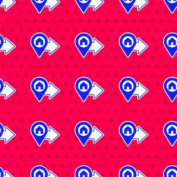 Blue Map pointer with house icon isolated seamless pattern on red background 스톡 일러스트