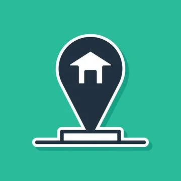 Blue Map pointer with house icon isolated on green background. Home location Stock Illustration