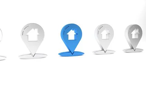 Blue Map pointer with house icon isolated on white background. Home locatio.. Stock Illustration