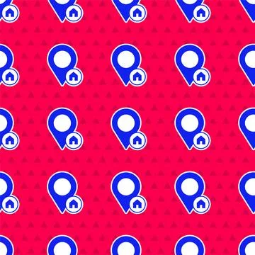 Blue Map pointer with house icon isolated seamless pattern on red backgroun.. Stock Illustration