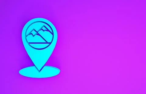 Blue Map pointer with mountain icon isolated on purple background. Mountains  Stock Illustration