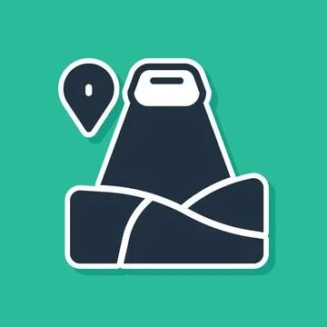 Blue Map pointer with mountain icon isolated on green background. Mountains Stock Illustration