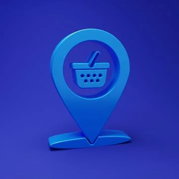 Blue Map pointer with shopping basket icon isolated on blue background. Pin.. Stock Photos