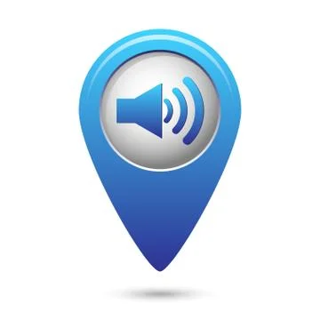 Blue map pointer with speaker volume icon Stock Illustration