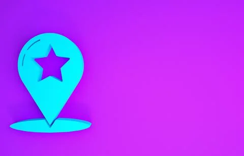 Blue Map pointer with star icon isolated on purple background. Star favorite  Stock Illustration