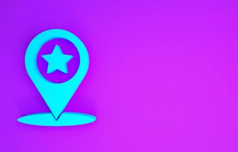 Blue Map pointer with star icon isolated on purple background. Star favorite  Stock Illustration