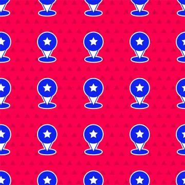 Blue Map pointer with star icon isolated seamless pattern on red background Illustrazione stock