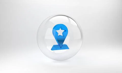 Blue Map pointer with star icon isolated on grey background. Star favorite pi Stock Illustration