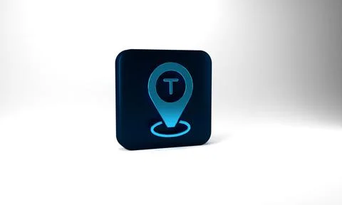 Blue Map pointer with taxi car icon isolated on grey background. Location symbol Stockillustratie