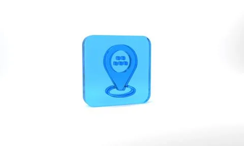 Blue Map pointer with taxi car icon isolated on grey background. Location symbol Stock Illustration