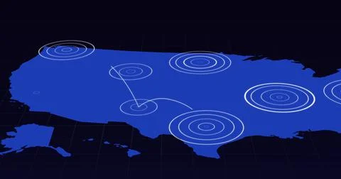 Blue map with radiating white concentric circles circles spreading between Ilustración de archivo