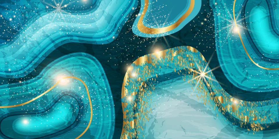 Blue marble abstract vector background, aquamarine gold texture wavy pattern 스톡 일러스트