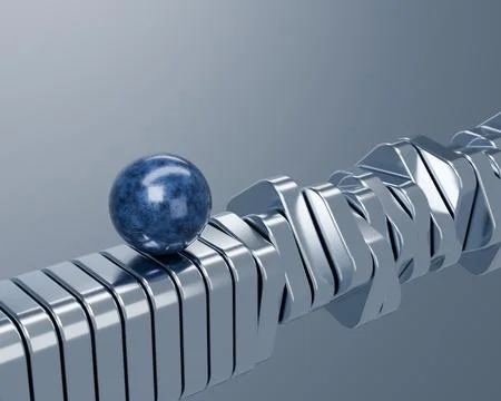 Blue marble sphere on fluted silver platform 3D render Stock Illustration
