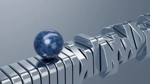 Blue marble sphere rolling on fluted silver platform seamless loop Stock Footage 347719948