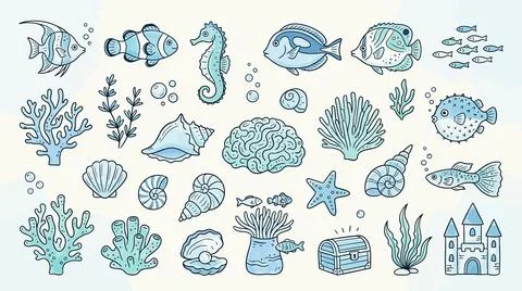 Blue marine aquarium theme set with fish corals seashells and underwater ca.. Stock Illustration