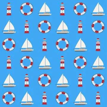 Blue maritime seamless background with lighthouse, sailboat and life buoy イラスト素材