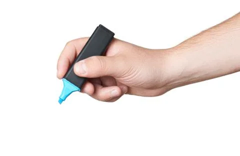 Blue marker in hand Stock Photos