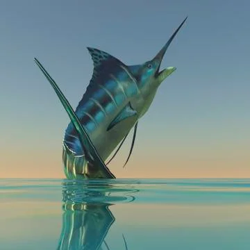 A Blue Marlin bursts from the ocean surface in a grand leap. Stock Illustration