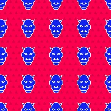 Blue Mask of the devil with horns icon isolated seamless pattern on red backg 库存插图