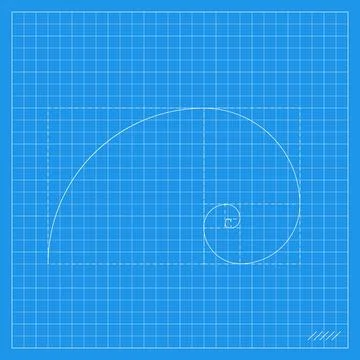 Blue mathematical grid featuring a precise logarithmic spiral construction .. Illustration