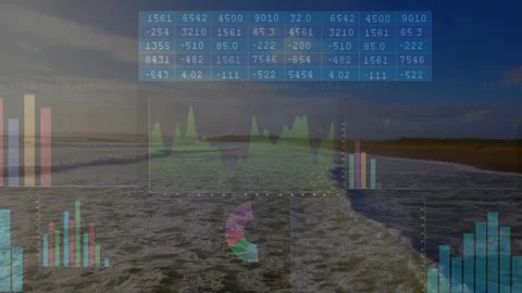 Blue matrix appearing starting overlay, coast moving forward, charts growing Stock Footage 333540092