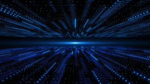 Blue matrix data floor visual with luminous particle lanes, centered horizon glo Stock Footage 340550130