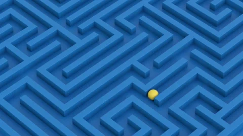 Blue maze isometric view. Yellow ball rolls through the labyrinth. Maze concept. Vídeo Stock 264151434