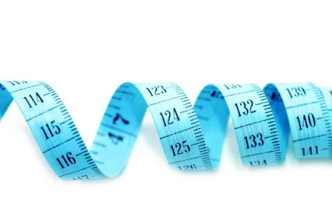 Blue measure tape on solid white background. Foto stock