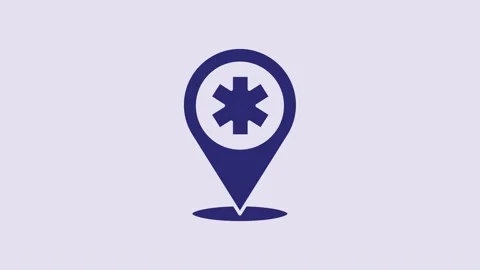 Blue Medical map pointer with cross hospital icon isolated on purple background Video stock 232786570