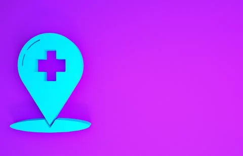 Blue Medical map pointer with cross hospital icon isolated on purple backgrou 스톡 일러스트