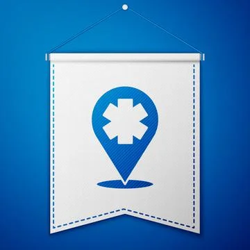 Blue Medical map pointer with cross hospital icon isolated on blue background Stock Illustration