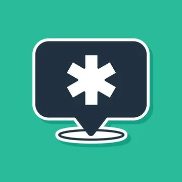 Blue Medical map pointer with cross hospital icon isolated on green background Illustrazione stock