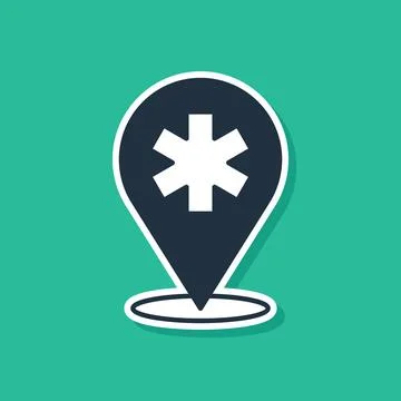 Blue Medical map pointer with cross hospital icon isolated on green background イラスト素材
