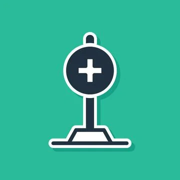 Blue Medical map pointer with cross hospital icon isolated on green background Stock Illustration