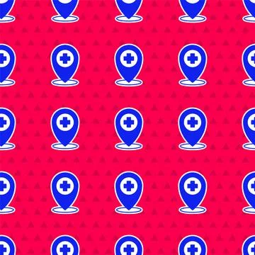 Blue Medical map pointer with cross hospital icon isolated seamless pattern o Stock Illustration