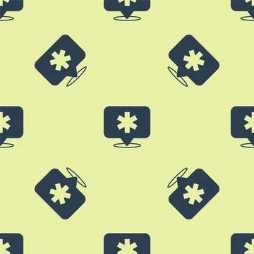 Blue Medical map pointer with cross hospital icon isolated seamless pattern on Illustrazione stock
