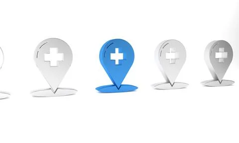 Blue Medical map pointer with cross hospital icon isolated on white backgro.. 스톡 일러스트