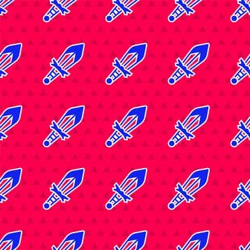 Blue Medieval sword icon isolated seamless pattern on red background. Medieva Stock Illustration