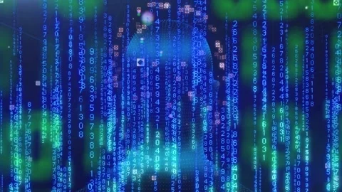 Blue mesh head revealing as numeric rain starting, node icons clustering, Video stock 334351828