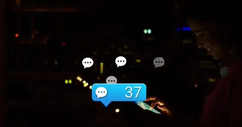 Blue message bubble appearing, counter rising to 86, woman checking phone, chat Stock Footage 322220720