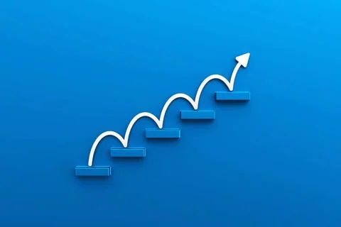 Blue metal block stacking as step stair with white arrow up on blue Stock Illustration