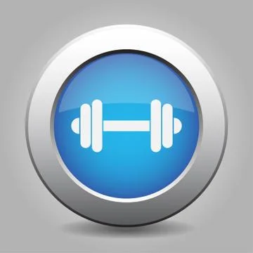 Blue metal button with dumbbell Stock Illustration