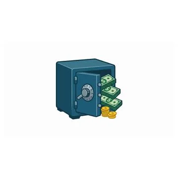 Blue metal safe box open with stacks of paper money and gold coins Stock Illustration