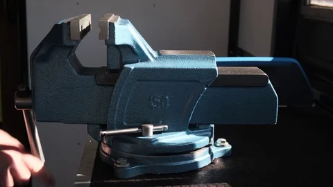 Blue metal vice, bench tools close-up. Stock Footage 124207141