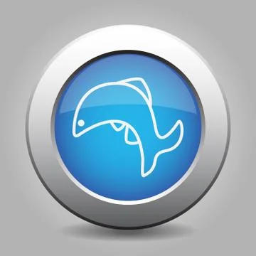Blue metallic button, white fish jumping icon Stock Illustration