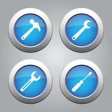 Blue metallic buttons set, white tools icons Stock Illustration