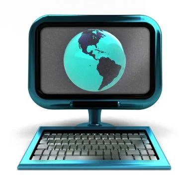 Blue metallic computer with america globe on screen isolated illustration Stockillustratie