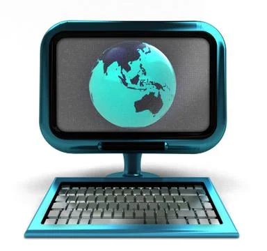 Blue metallic computer with asia globe on screen isolated illustration Stockillustratie